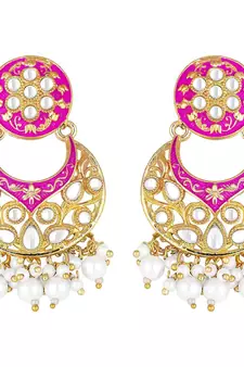 Pink meenakari Yellow Gold Alloy   Necklace   Pair Earrings   Maang Tikka
