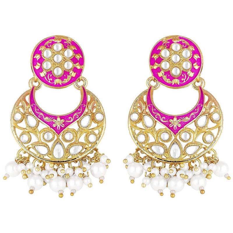 Pink meenakari Yellow Gold Alloy   Necklace   Pair Earrings   Maang Tikka