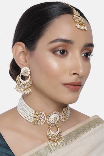 White meenakari Yellow Gold Alloy   Necklace   Pair Earrings   Maang Tikka
