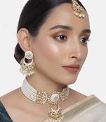 White meenakari Yellow Gold Alloy   Necklace   Pair Earrings   Maang Tikka