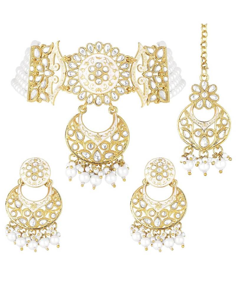 White meenakari Yellow Gold Alloy   Necklace   Pair Earrings   Maang Tikka