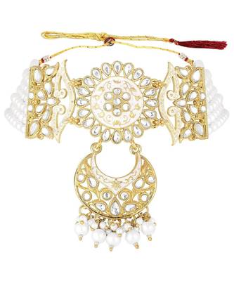 White meenakari Yellow Gold Alloy   Necklace   Pair Earrings   Maang Tikka 3