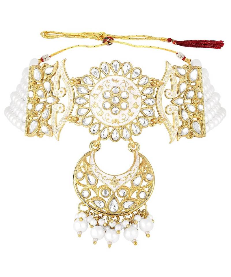 White meenakari Yellow Gold Alloy   Necklace   Pair Earrings   Maang Tikka