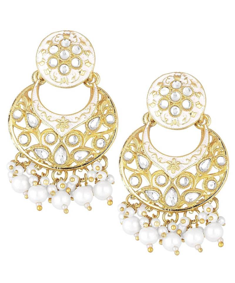 White meenakari Yellow Gold Alloy   Necklace   Pair Earrings   Maang Tikka