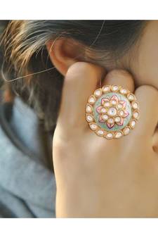 Green meenakari Yellow Gold Brass   Finger Ring