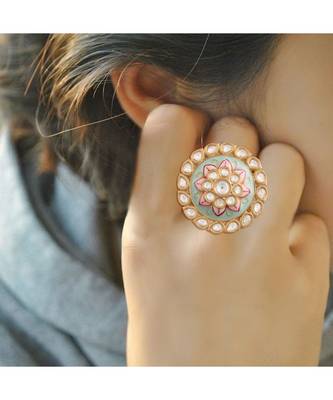 Green meenakari Yellow Gold Brass   Finger Ring 1