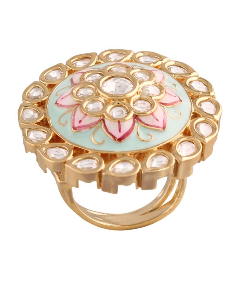 Green meenakari Yellow Gold Brass   Finger Ring