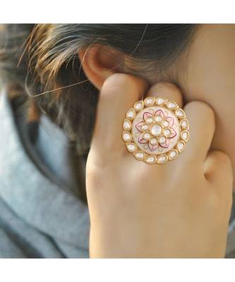 White meenakari Yellow Gold Brass   Finger Ring 1