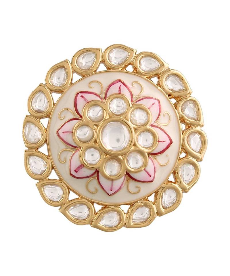 White meenakari Yellow Gold Brass   Finger Ring