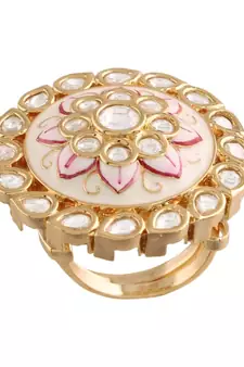 White meenakari Yellow Gold Brass   Finger Ring