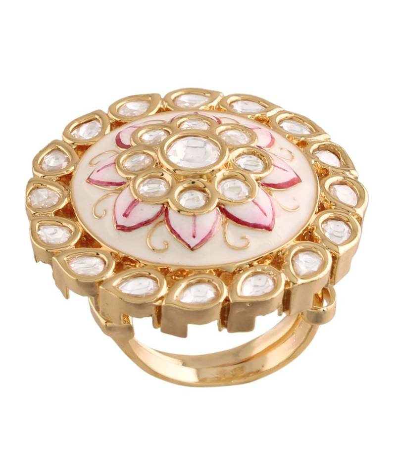 White meenakari Yellow Gold Brass   Finger Ring