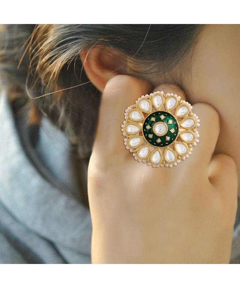Green meenakari Yellow Gold Brass   Finger Ring