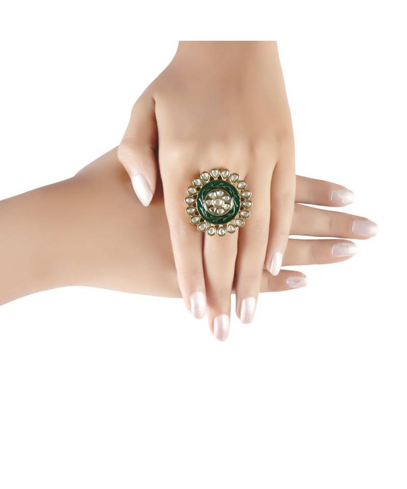 Green meenakari Yellow Gold Brass   Finger Ring