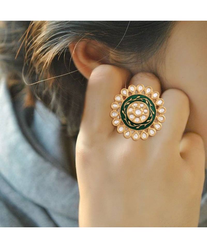 Green meenakari Yellow Gold Brass   Finger Ring