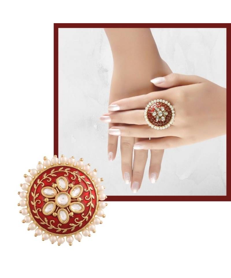 Red meenakari Yellow Gold Brass   Finger Ring