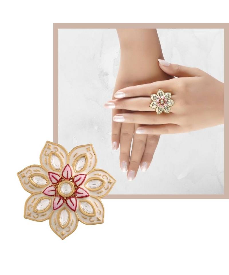 White meenakari Yellow Gold Brass   Finger Ring