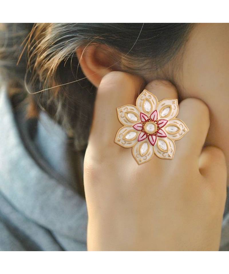 White meenakari Yellow Gold Brass   Finger Ring