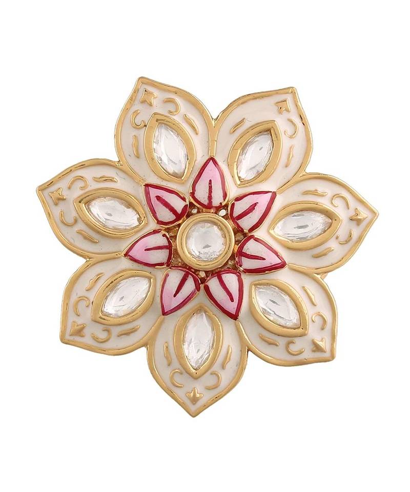 White meenakari Yellow Gold Brass   Finger Ring