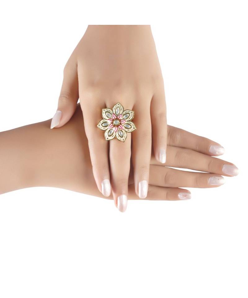 White meenakari Yellow Gold Brass   Finger Ring