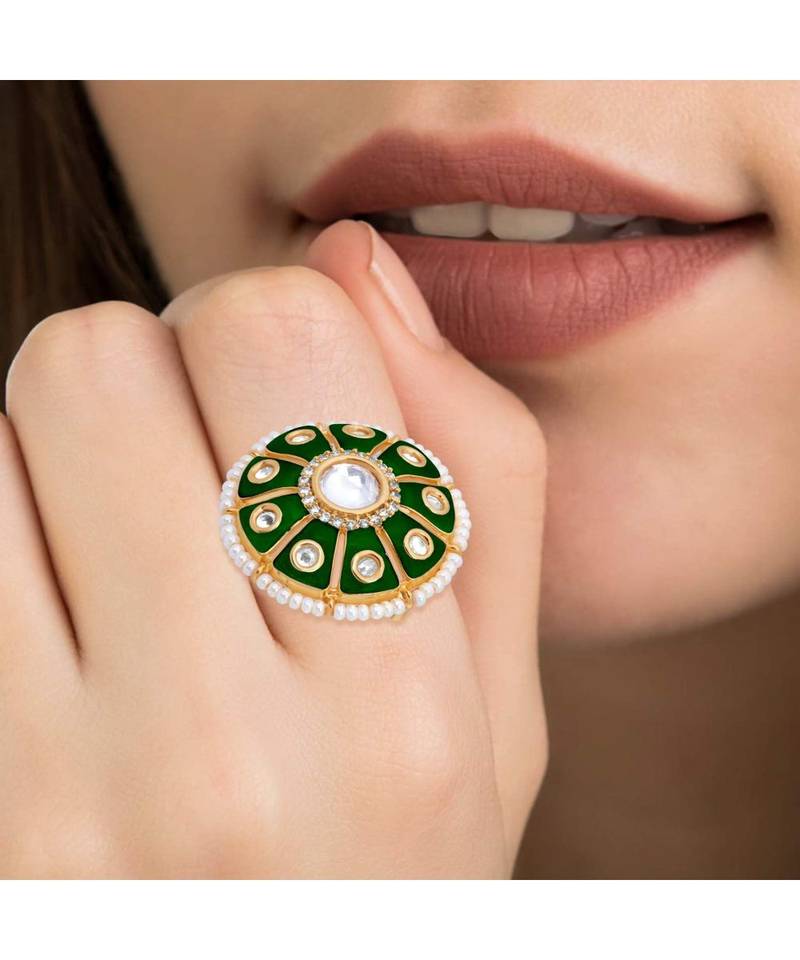 Green meenakari Yellow Gold Brass   Finger Ring