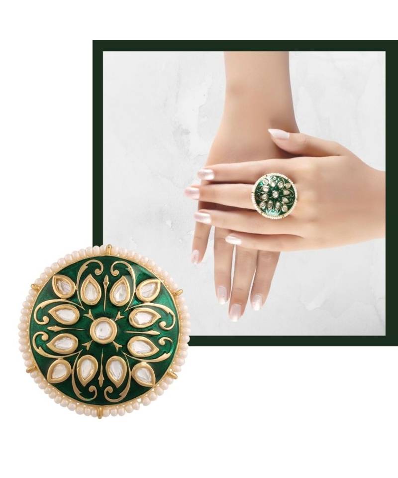 Green meenakari Yellow Gold Brass   Finger Ring