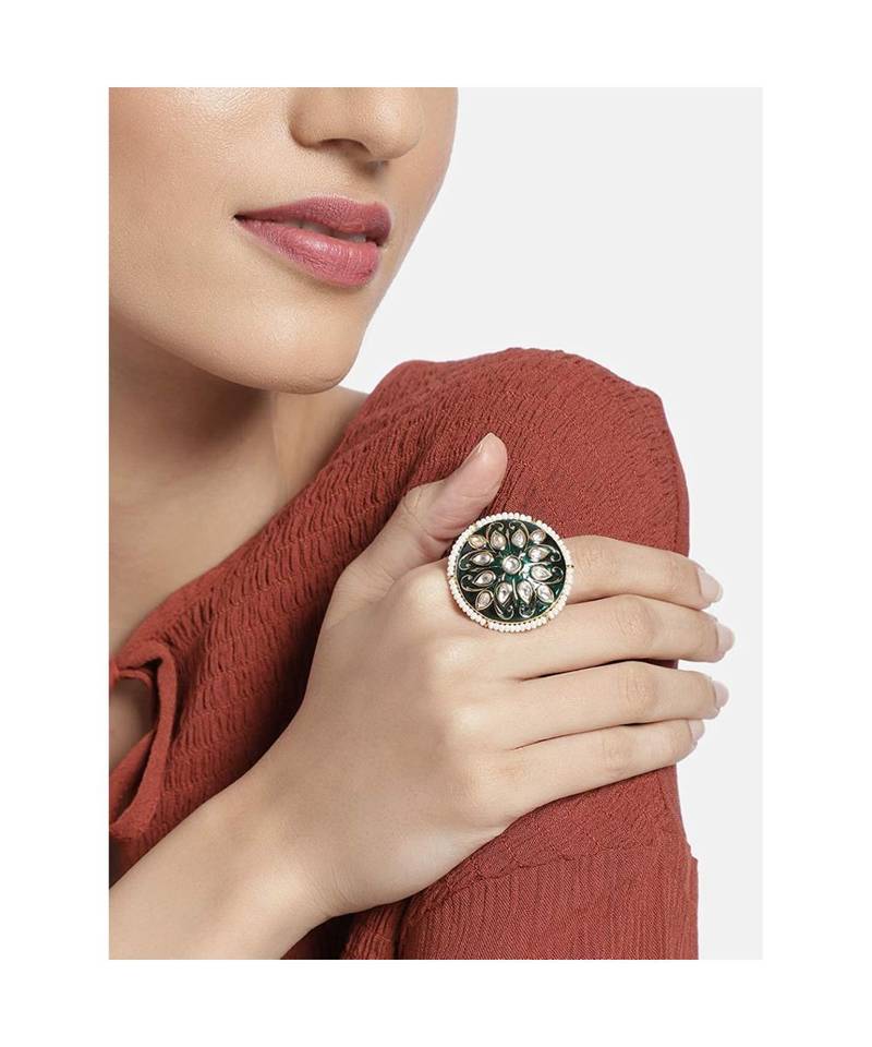 Green meenakari Yellow Gold Brass   Finger Ring