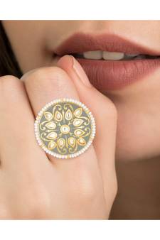 Grey meenakari Yellow Gold Brass   Finger Ring