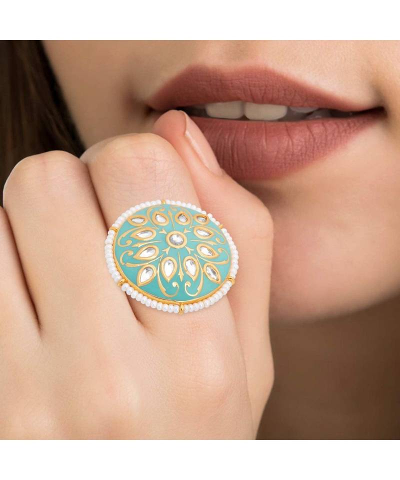 Green meenakari Yellow Gold Brass   Finger Ring