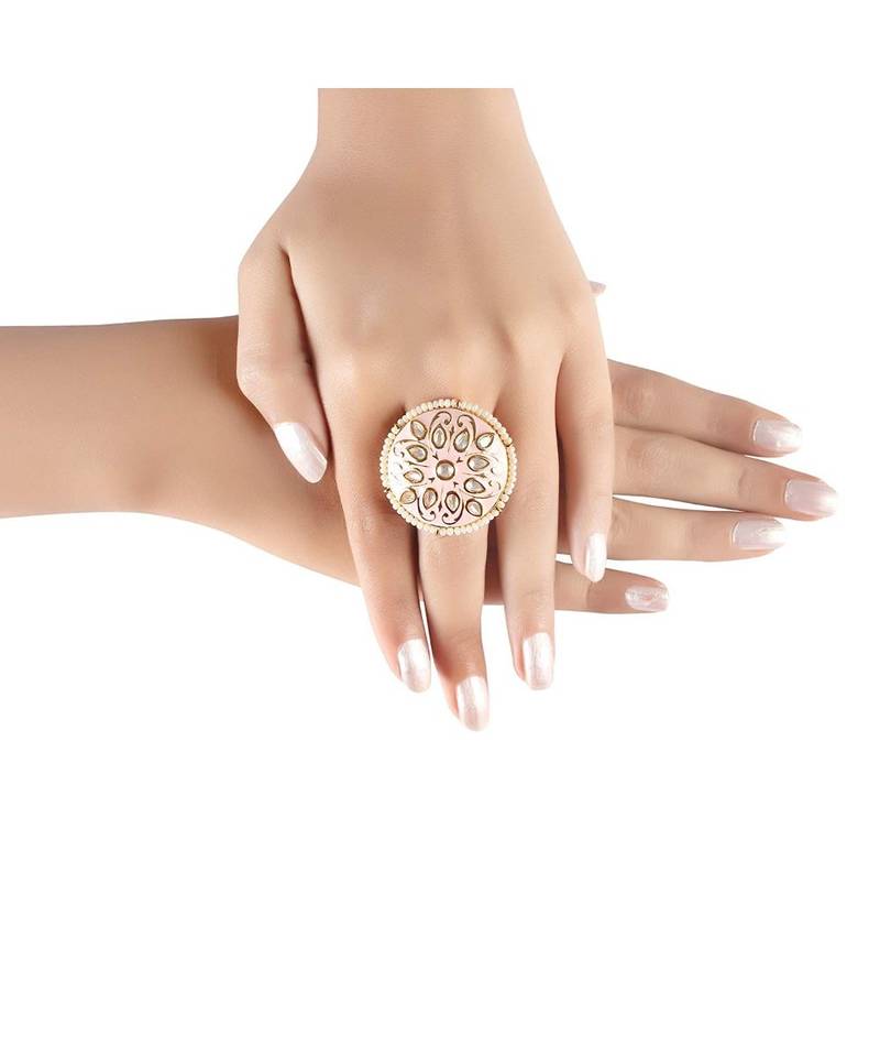 Pink meenakari Yellow Gold Brass   Finger Ring