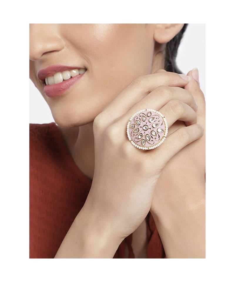 Pink meenakari Yellow Gold Brass   Finger Ring