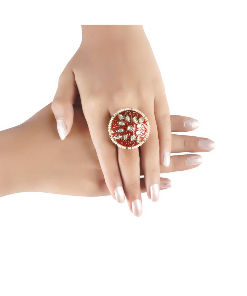 Red meenakari Yellow Gold Brass   Finger Ring