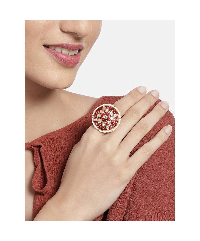 Red meenakari Yellow Gold Brass   Finger Ring