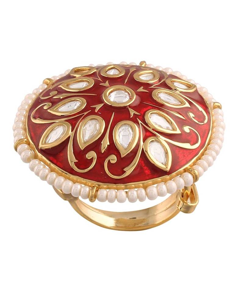 Red meenakari Yellow Gold Brass   Finger Ring