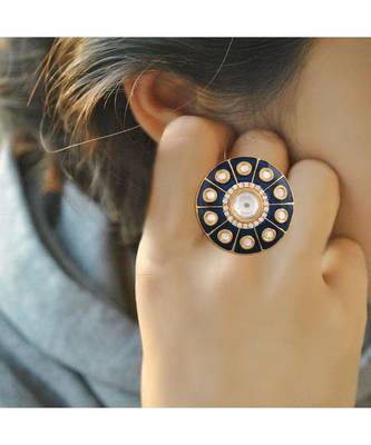 Blue meenakari Yellow Gold Brass   Finger Ring 5