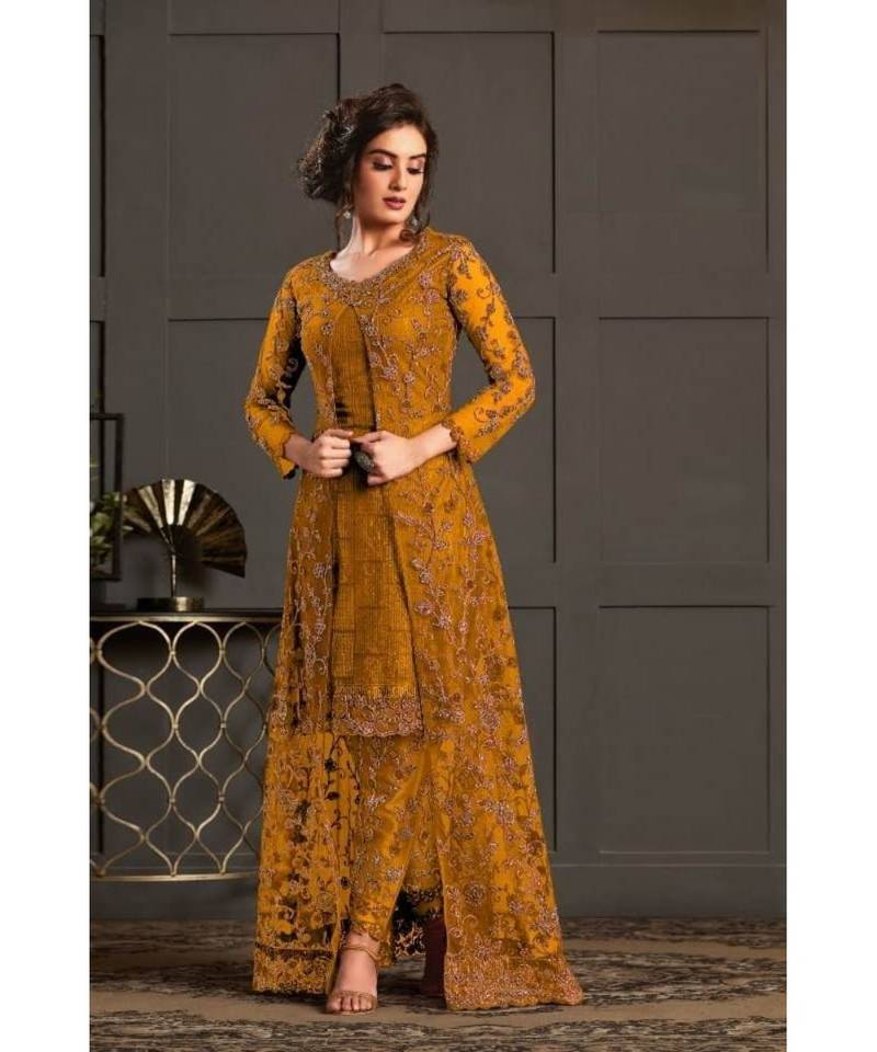 mustard Pure net unstitched thread embroidery  Top & Bottom WITH Dupatta