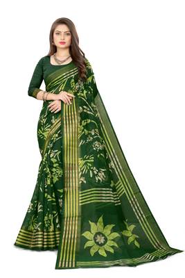 Green Cotton linen  printed   saree and  blouse 1