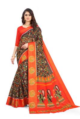 Grey Cotton linen  printed   saree and  blouse 1