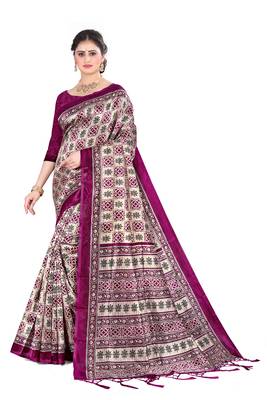 Purple silk printed   saree and  blouse 1