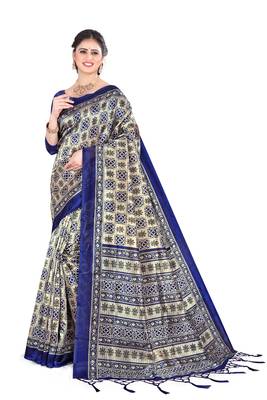 Blue silk printed   saree and  blouse 1