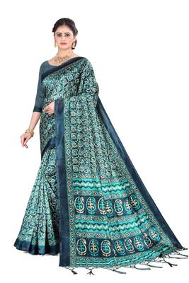 Teal Green silk printed   saree and  blouse 1