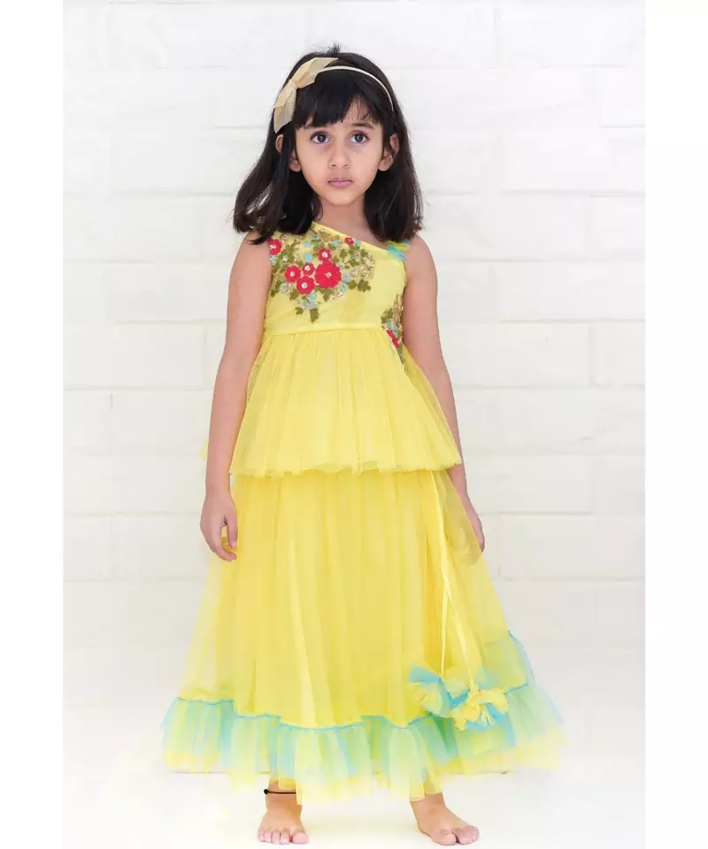 hand embroidered zari work yellow peplum lehenga