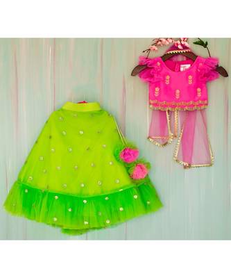 fuchsia pink and green hand embroidered zari work lehenga 1