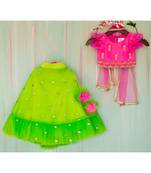 fuchsia pink and green hand embroidered zari work lehenga