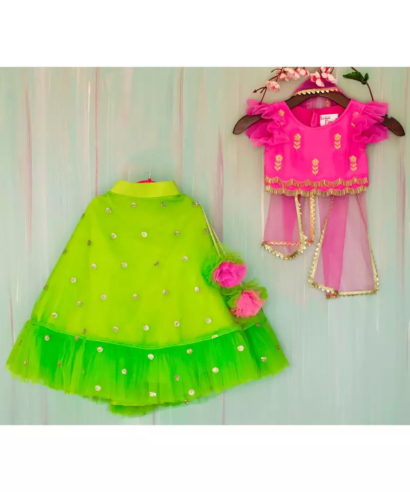 fuchsia pink and green hand embroidered zari work lehenga