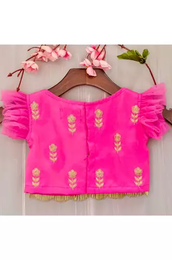 fuchsia pink and green hand embroidered zari work lehenga
