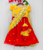 hand embroidered zari work red and yellow attached dupatta lehenga