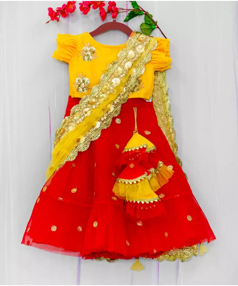 hand embroidered zari work red and yellow attached dupatta lehenga