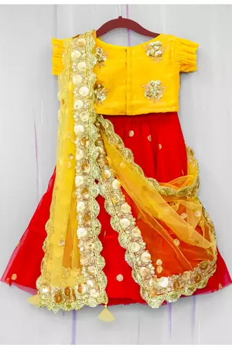 hand embroidered zari work red and yellow attached dupatta lehenga