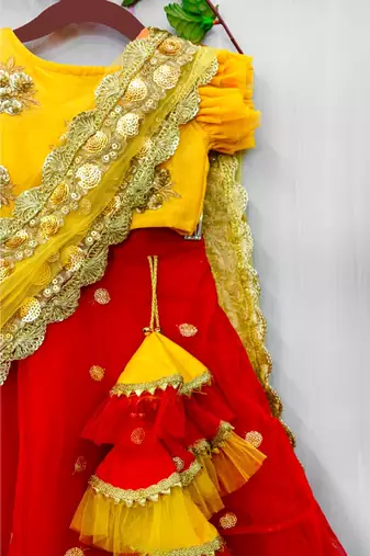 hand embroidered zari work red and yellow attached dupatta lehenga