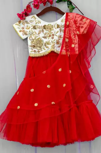 hand embroidered zari work red and golden attached dupatta lehenga